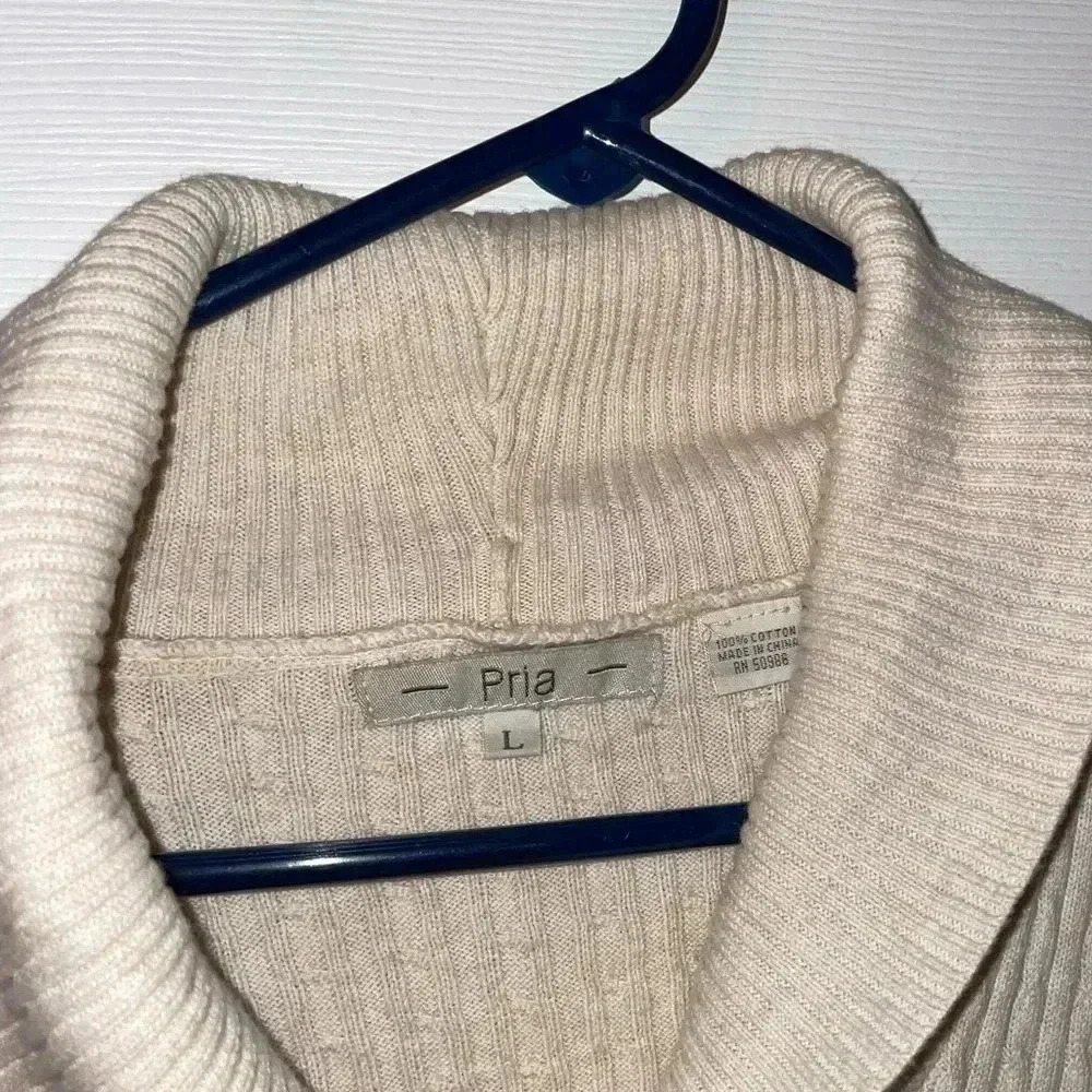 Pria Long Sleeve Cable Knit 100% Cotton Sweater Beige Large - Picture 2 of 3
